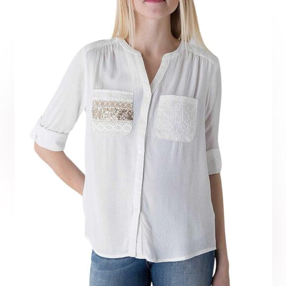 Miss Me Embellished Beaded Sequin Pocket Embroidered Gauze Button Down Size L - Picture 1 of 11